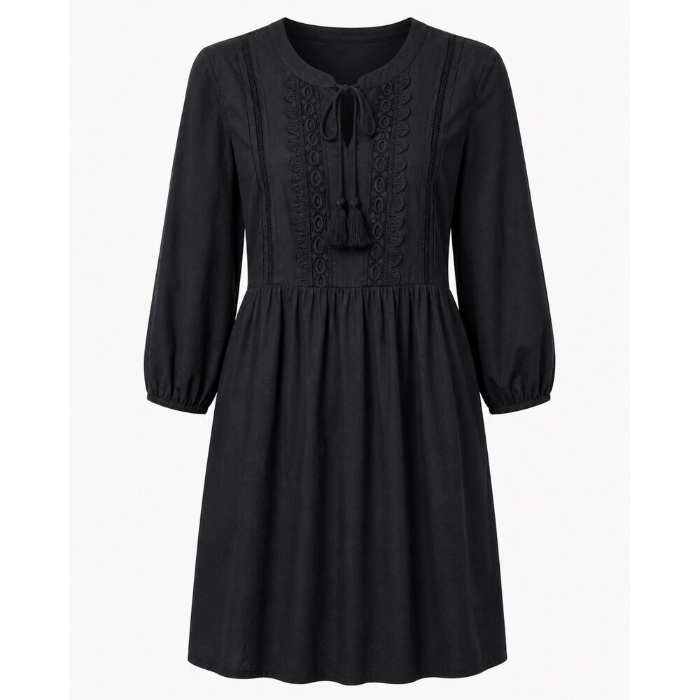 Tommy Bahama Black Cotton Eyelet Tassel Dress Coastal Resort Boho Comfort MED